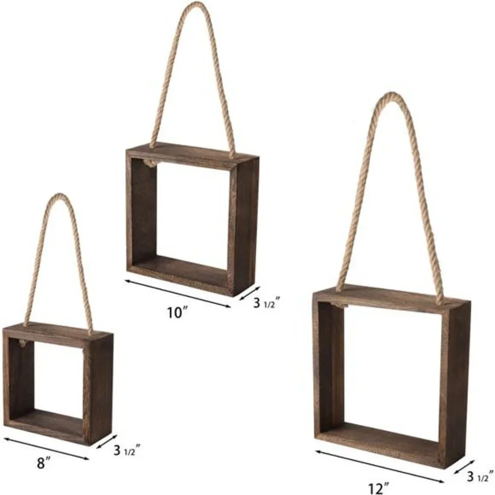 3 pcs Hanging Square Floating Shelves Wall Mounted Boho Decor Rustic Wood Cube